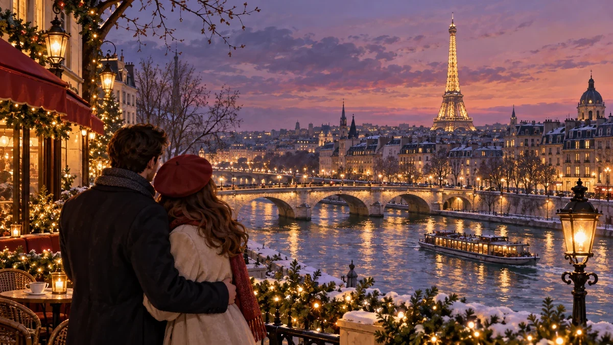Illustration of a sightseeing boat on the Seine at twilight