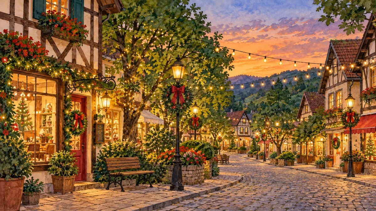 Illustration of a southern Brazilian town decorated for Christmas