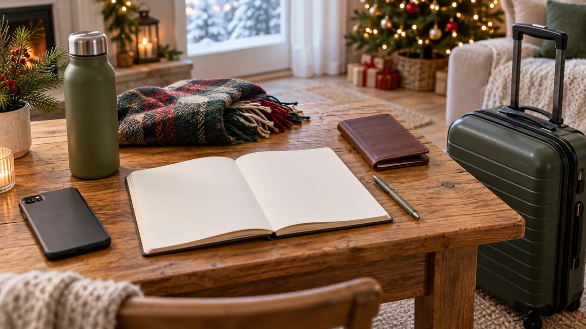 Illustration of a suitcase and simple Christmas travel planning essentials