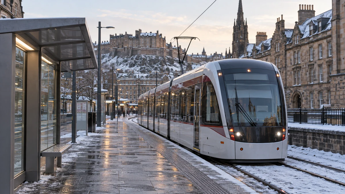 Illustration of a tram at a winter city platform