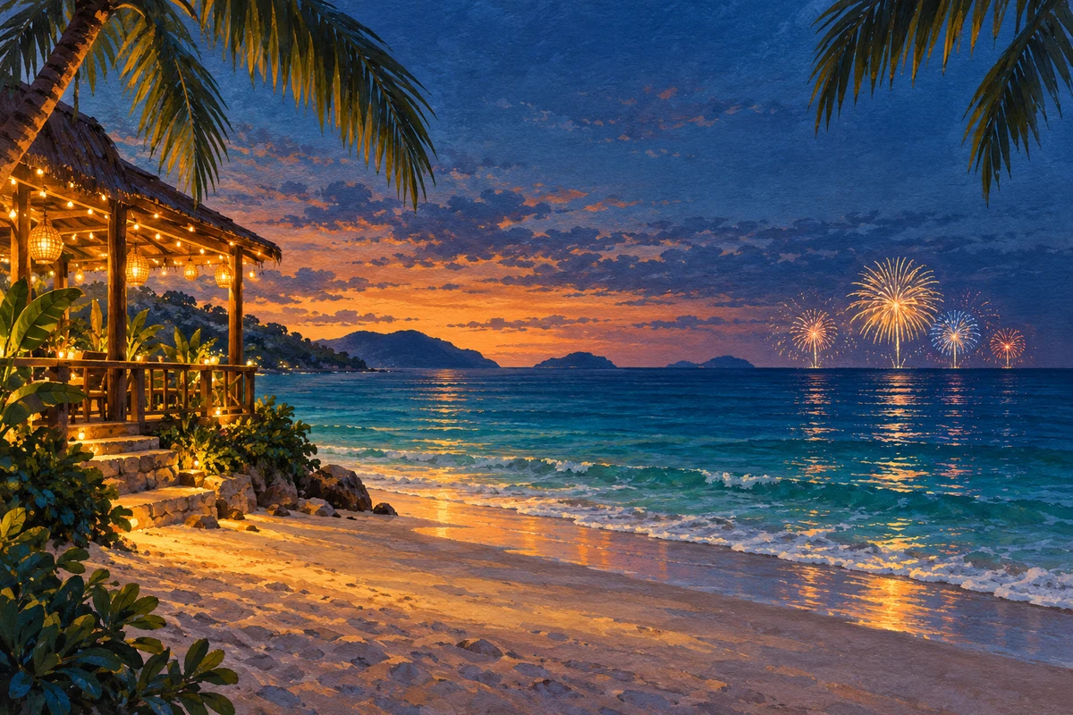 Illustration of a tropical beach with distant New Year fireworks