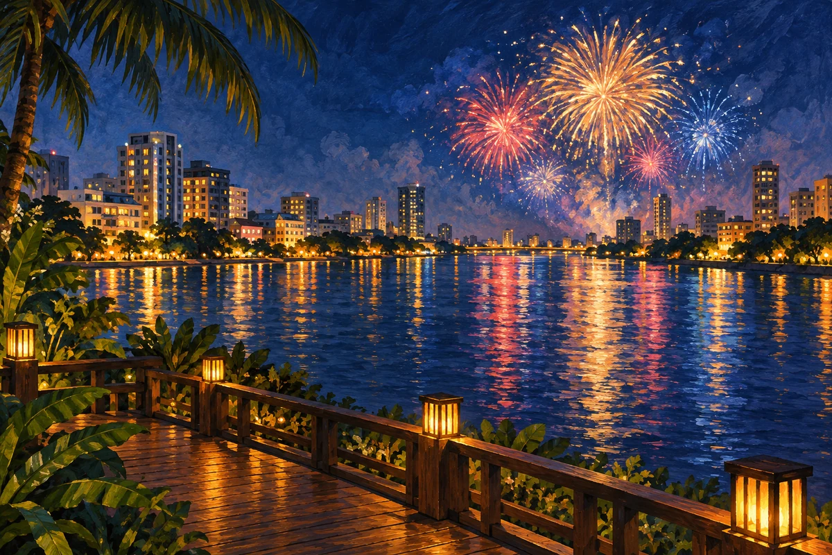 Illustration of a tropical city celebrating New Year by the river