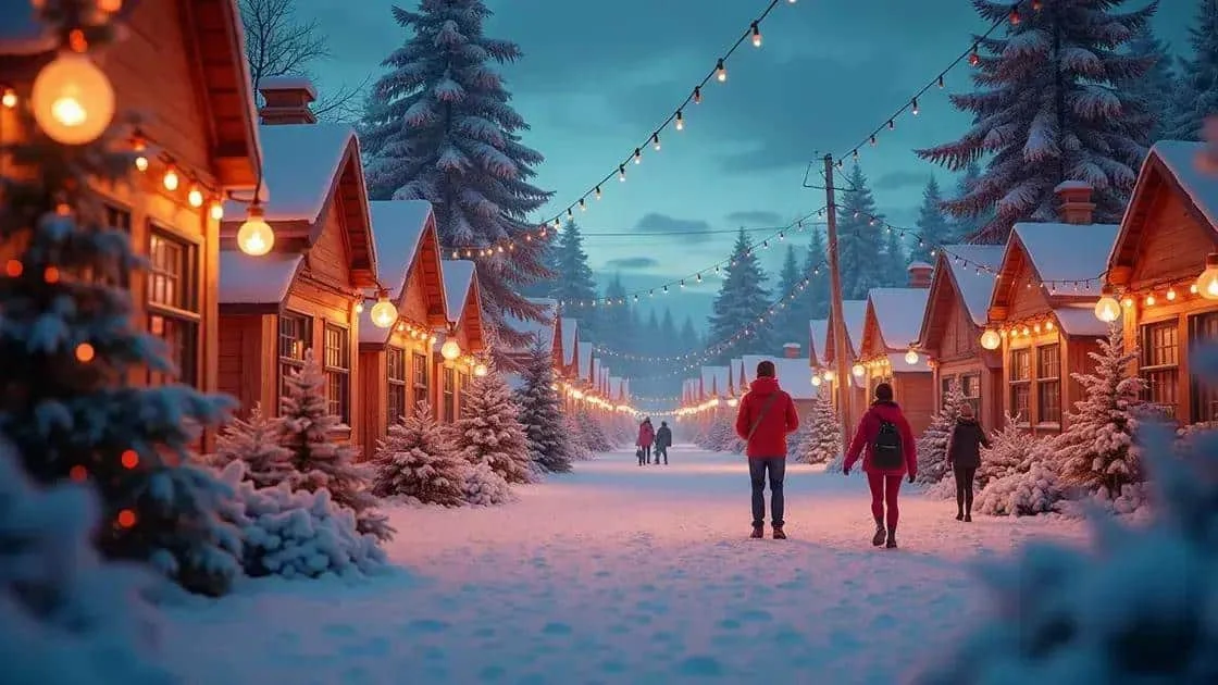 Illustration of a village decorated with seasonal lights