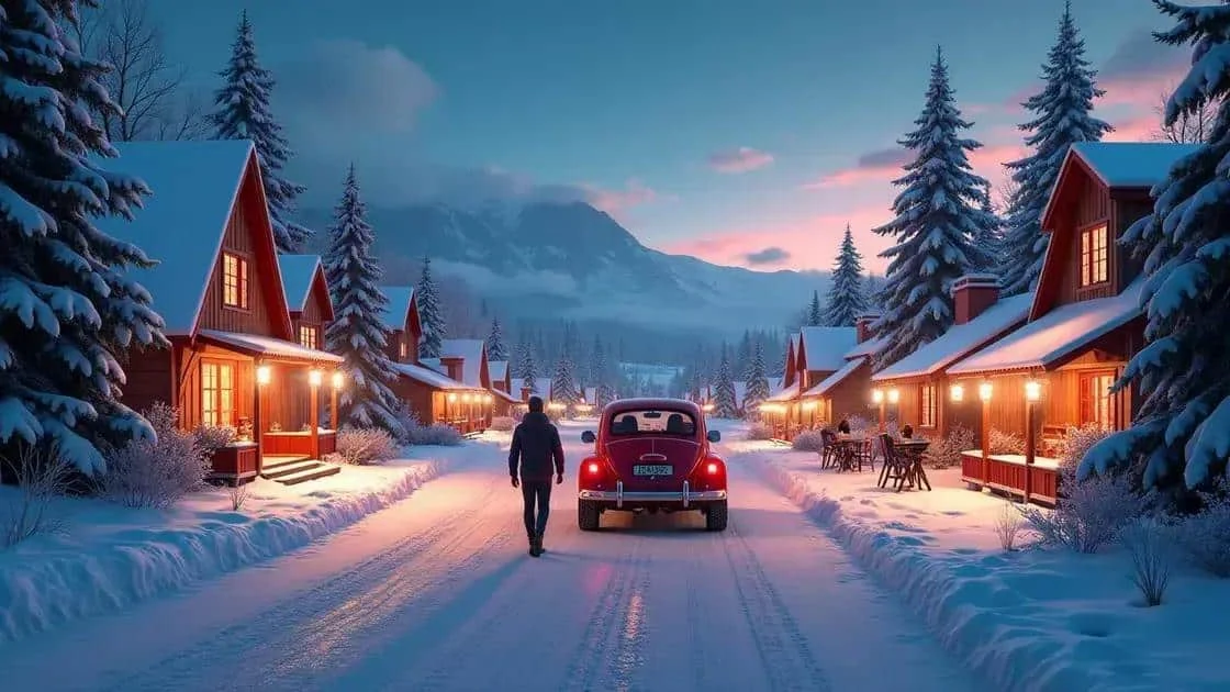 Illustration of a village road decorated for Christmas