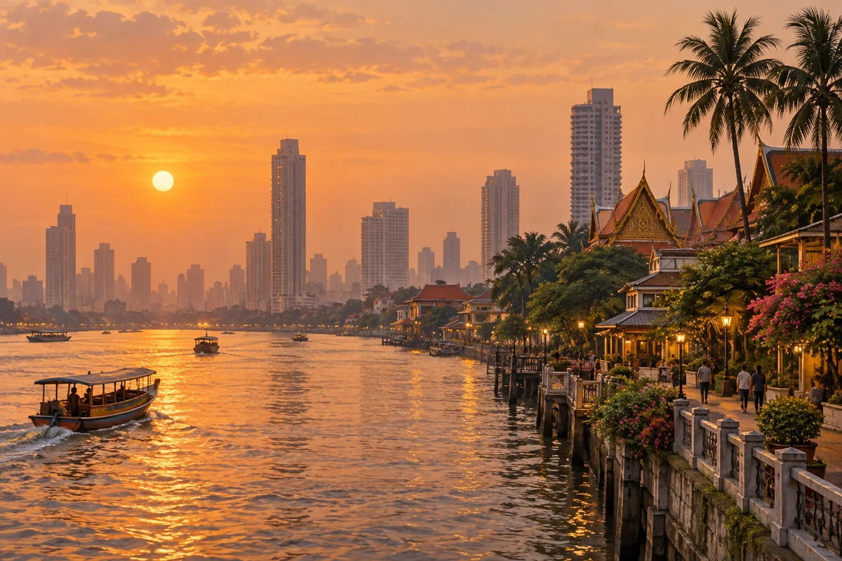 Illustration of a warm evening on a Bangkok-inspired riverside