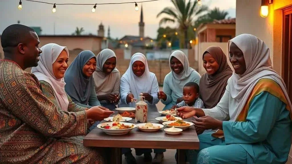 Illustration of adults and a child gathered around a shared meal