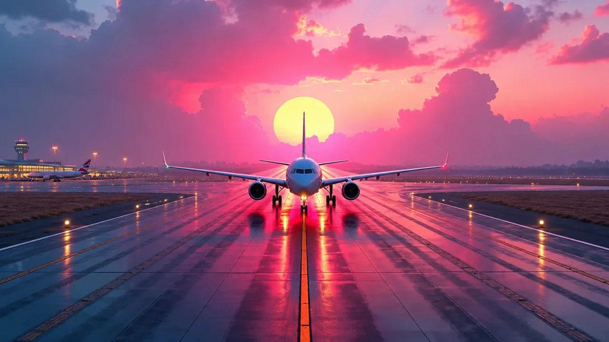 Illustration of an aircraft on an airport runway at sunset