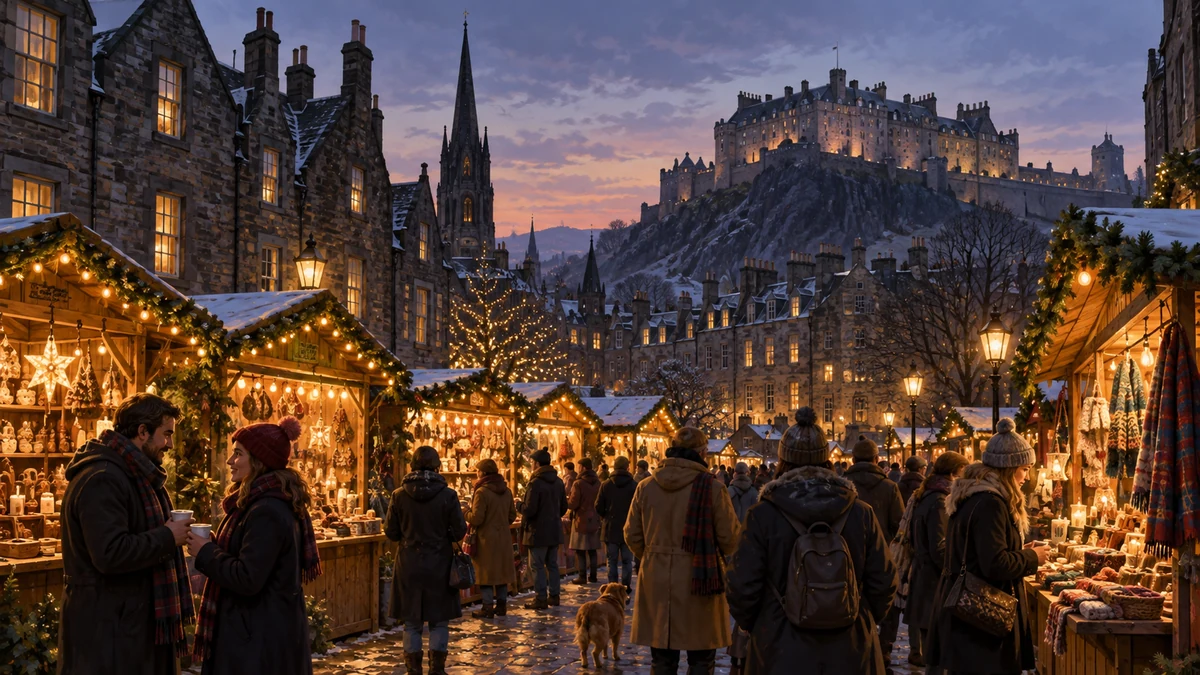 Illustration of an Edinburgh-inspired Christmas market