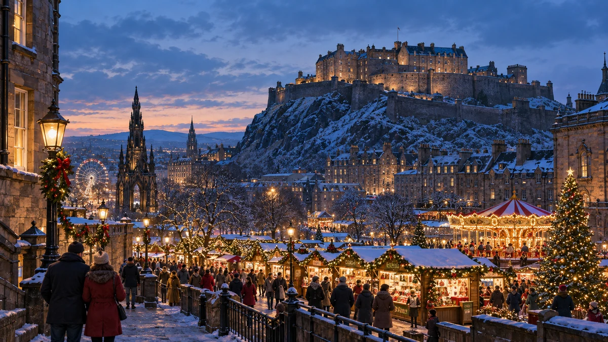 Illustration of an Edinburgh-inspired skyline and Christmas market