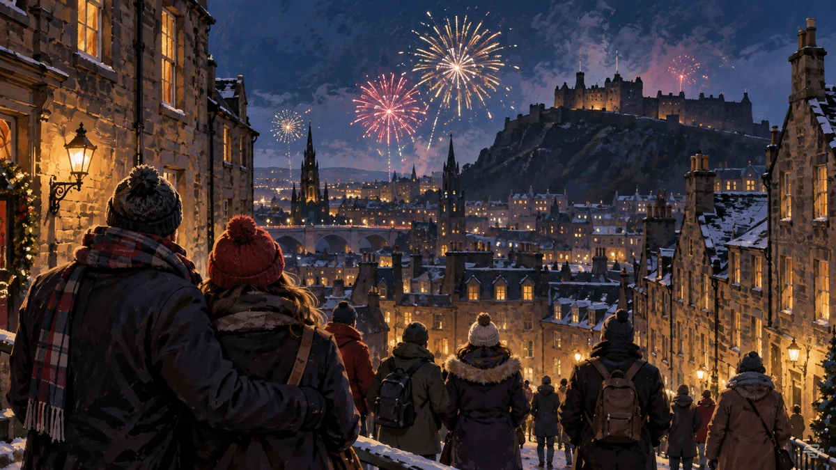 Illustration of an Edinburgh-inspired winter cityscape