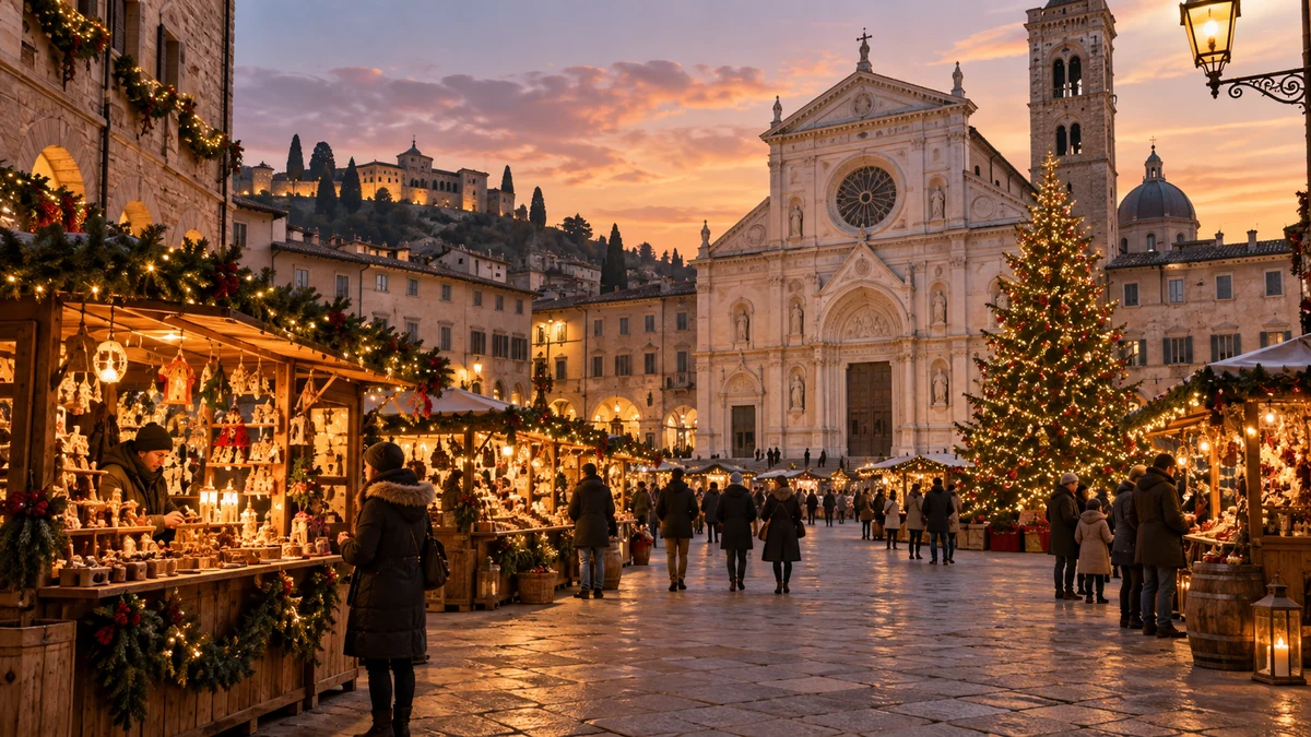Illustration of an Italian-inspired Christmas market square