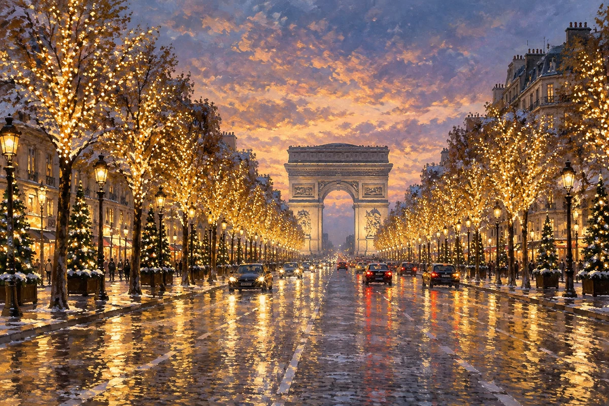 Illustration of Christmas lights along the Champs-Elysees