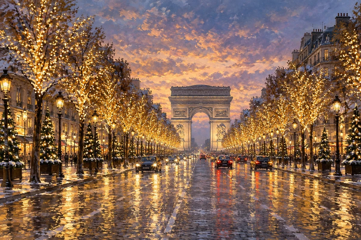 Illustration of Christmas lights along the Champs-Elysees