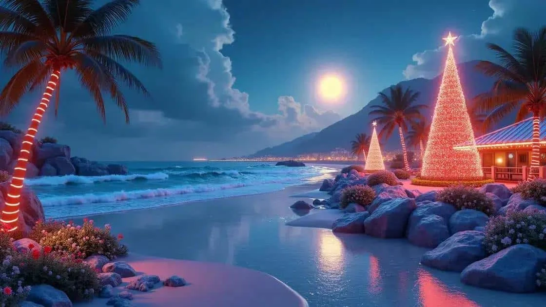 Illustration of Christmas lights beside a tropical beach