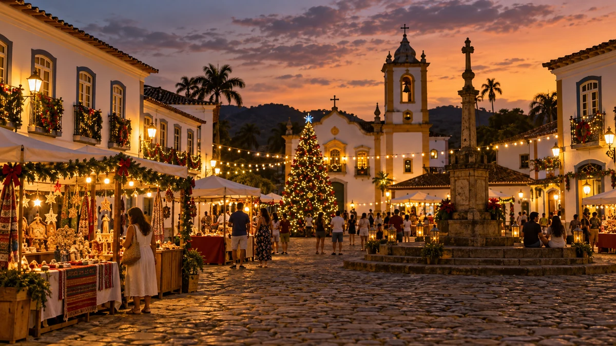 Illustration of Christmas lights in a Brazilian-style town square