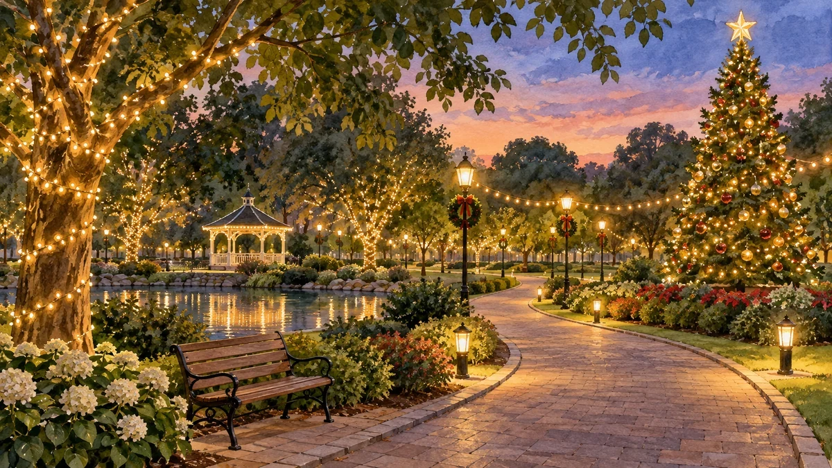 Illustration of Christmas lights in a leafy summer park Illustration of Christmas lights in a leafy summer park