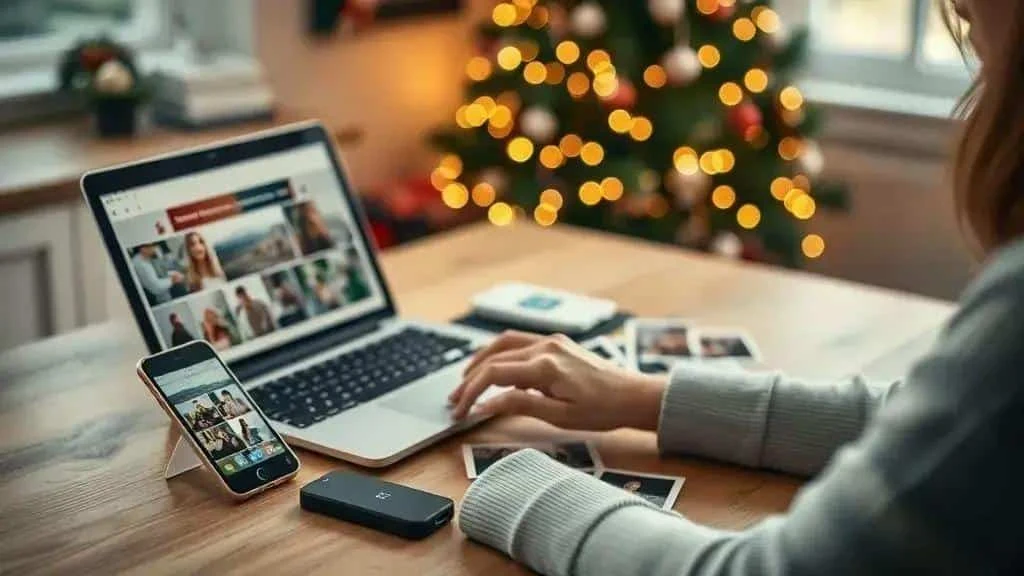 Illustration of Christmas photographs being organised at home