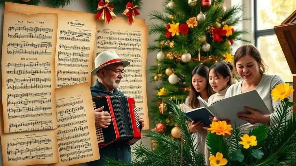Illustration of Christmas singing accordion and decorative music pages