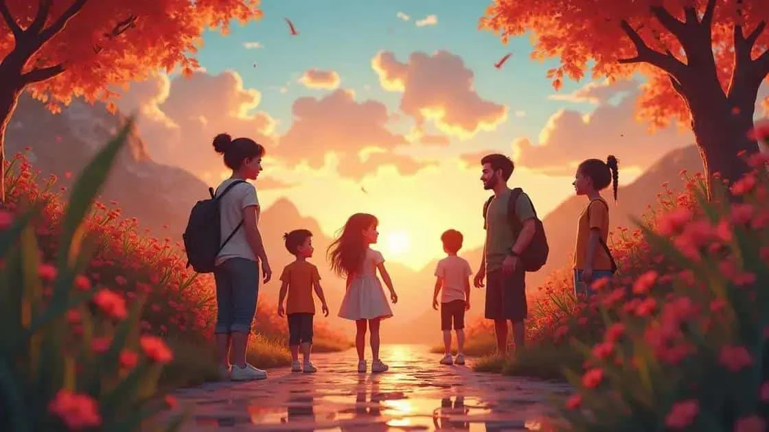 Illustration of families meeting at sunset