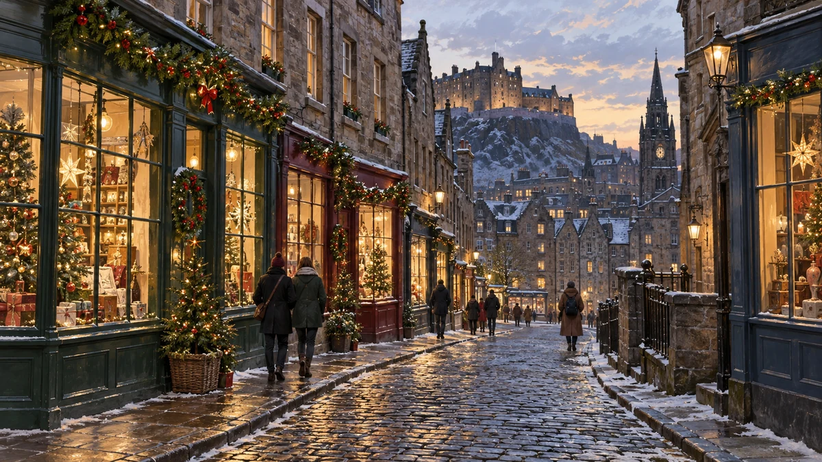 Illustration of festive shop windows on an Edinburgh-inspired street