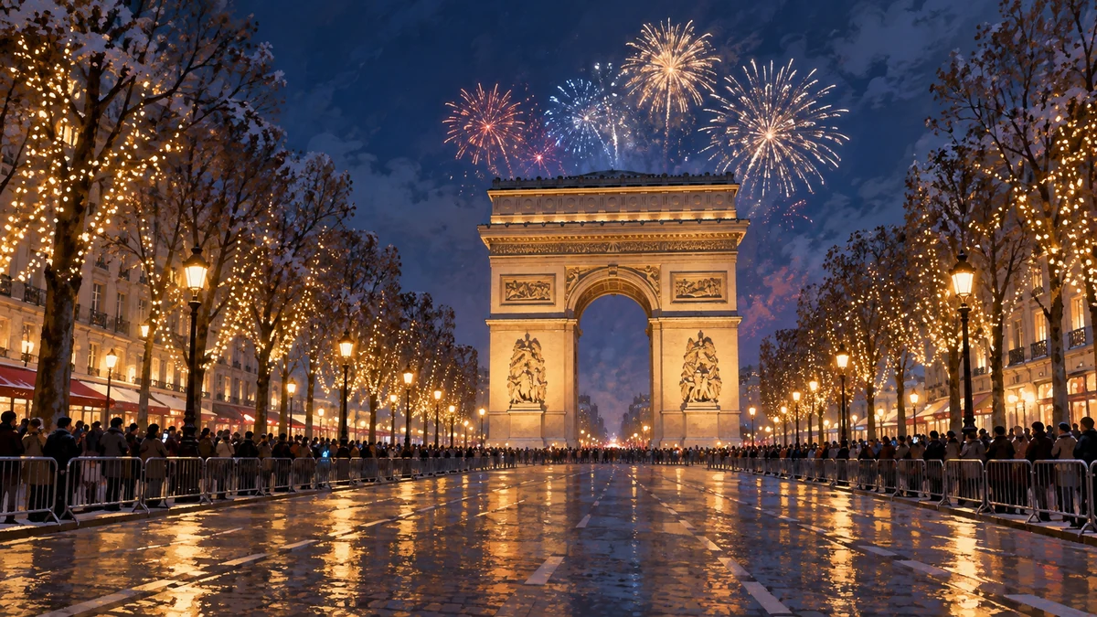 Illustration of fireworks above the Arc de Triomphe