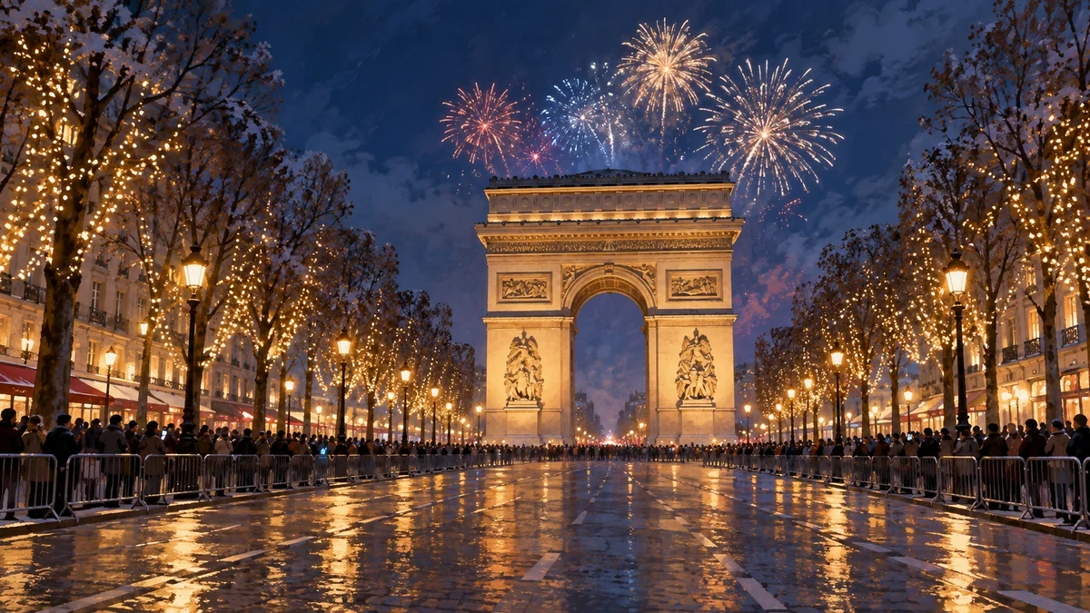 Illustration of fireworks above the Arc de Triomphe