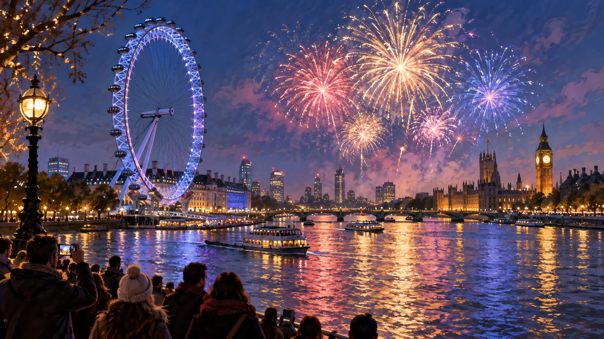 Illustration of fireworks over the Thames and London Eye