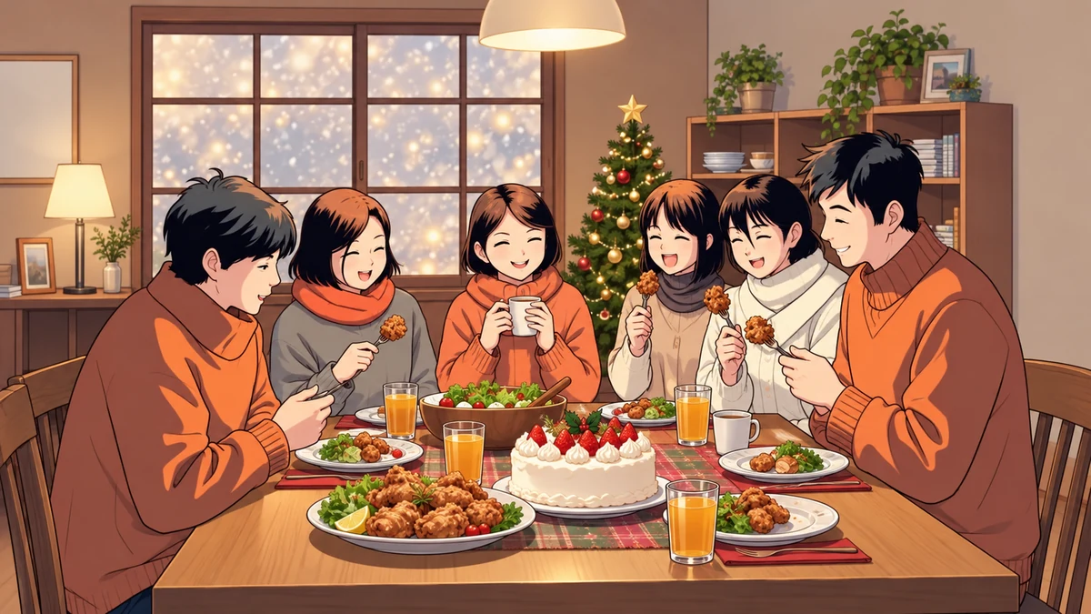 Illustration of friends sharing a festive meal in Japan Illustration of friends sharing a festive meal in Japan