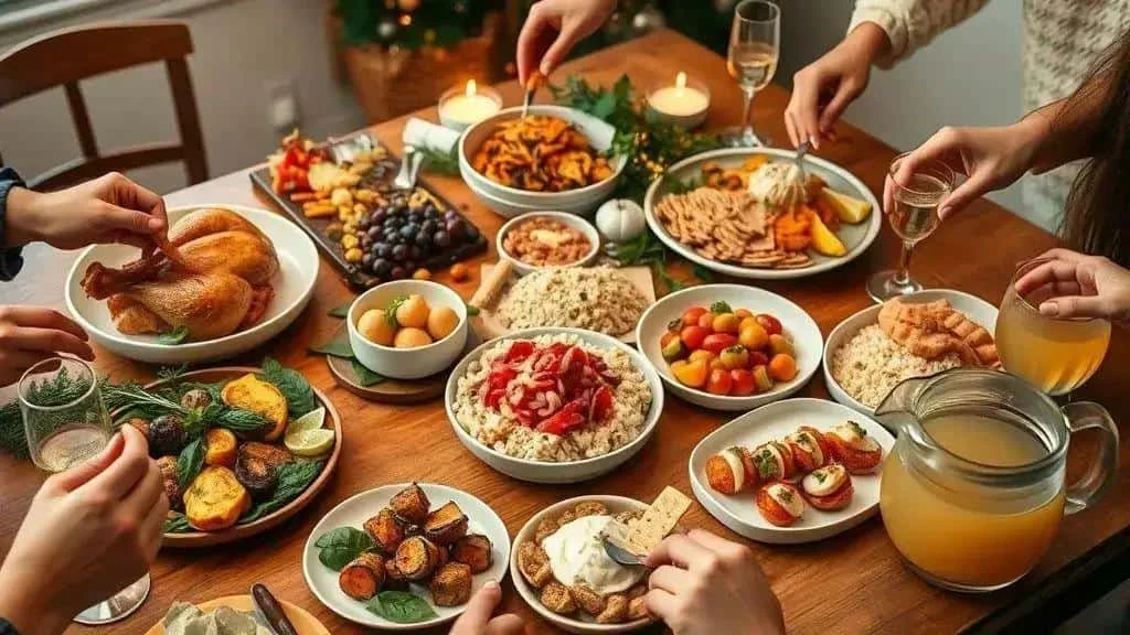 Illustration of guests sharing food from a Christmas buffet