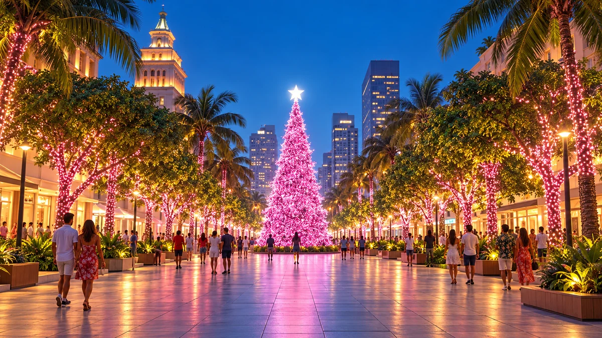 Illustration of leafy trees and festive city lights in summer Illustration of leafy trees and festive city lights in summer
