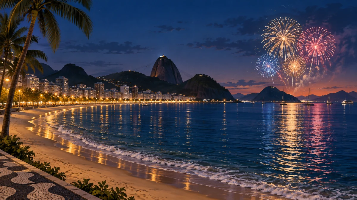 Illustration of New Year fireworks above a Brazilian-inspired coastline