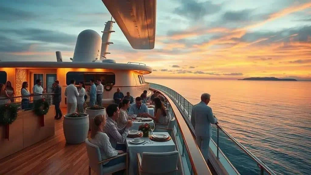 Illustration of passengers dining on a cruise ship deck at sunset