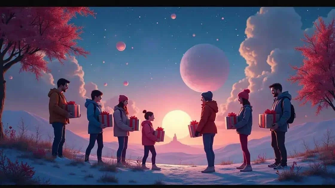 Illustration of people exchanging gifts outdoors