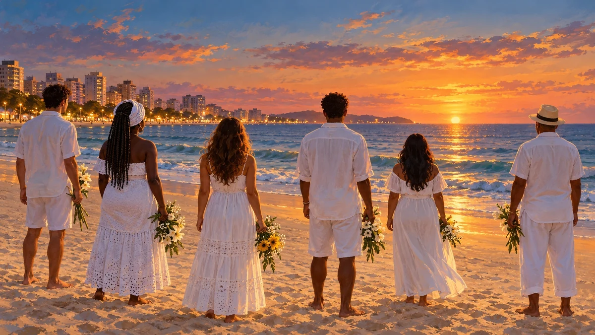 Illustration of people in white holding flowers beside the sea