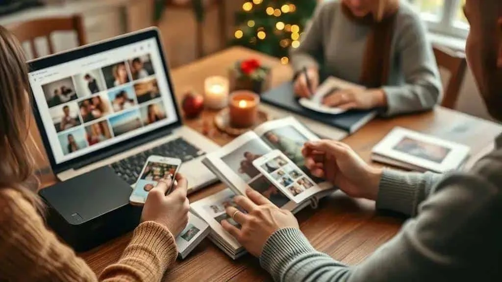 Illustration of relatives sharing printed and digital Christmas photographs