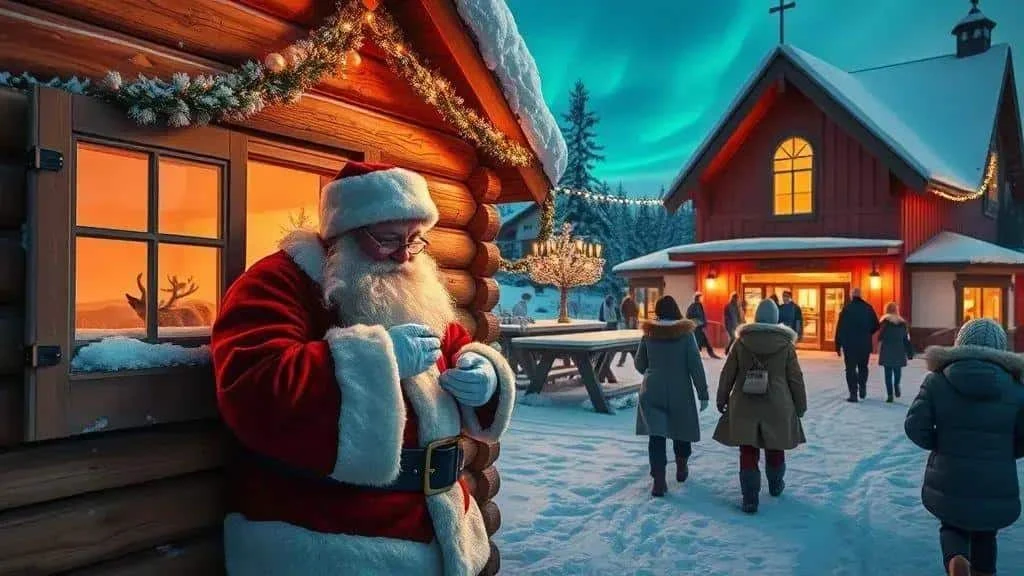 Illustration of Santa outside a timber building in a snowy festive village