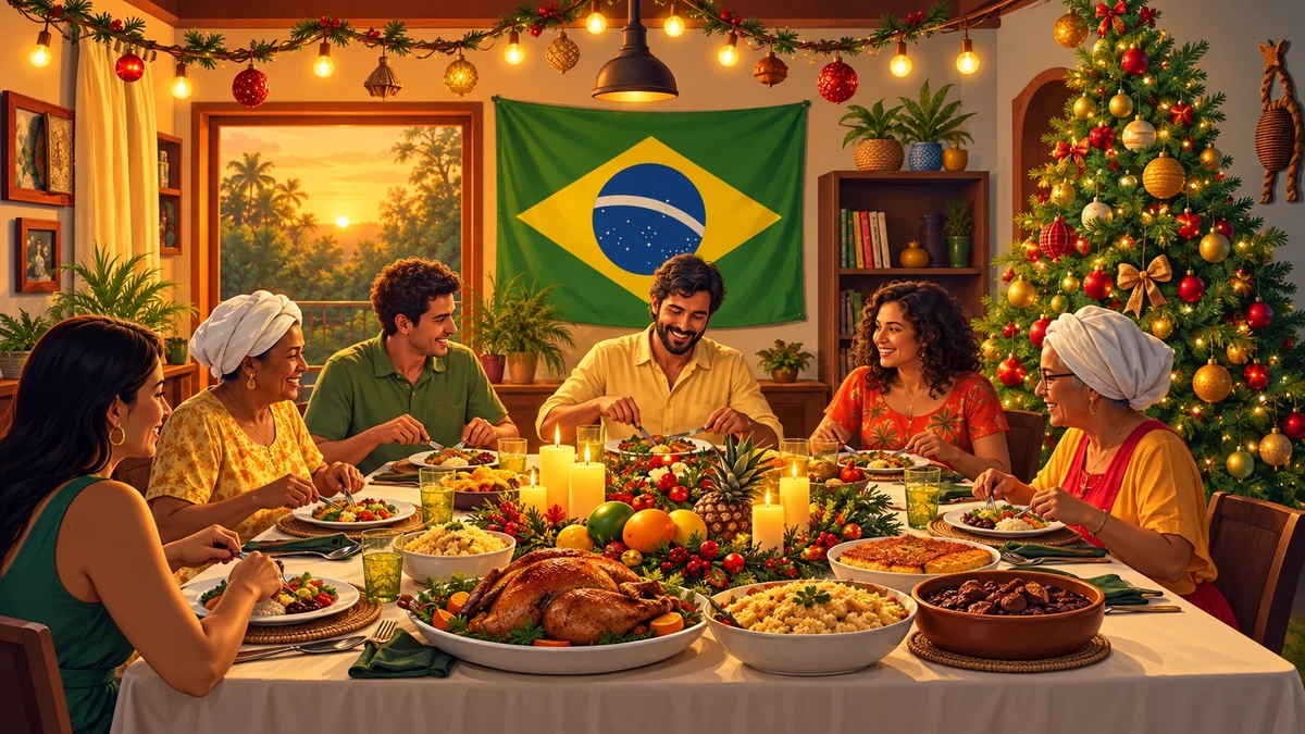 Illustration of six adults sharing a festive meal with a Brazilian flag behind them Illustration of six adults sharing a festive meal with a Brazilian flag behind them