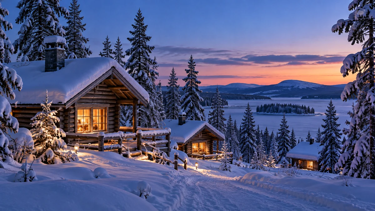 Illustration of snow-covered cabins in a northern landscape