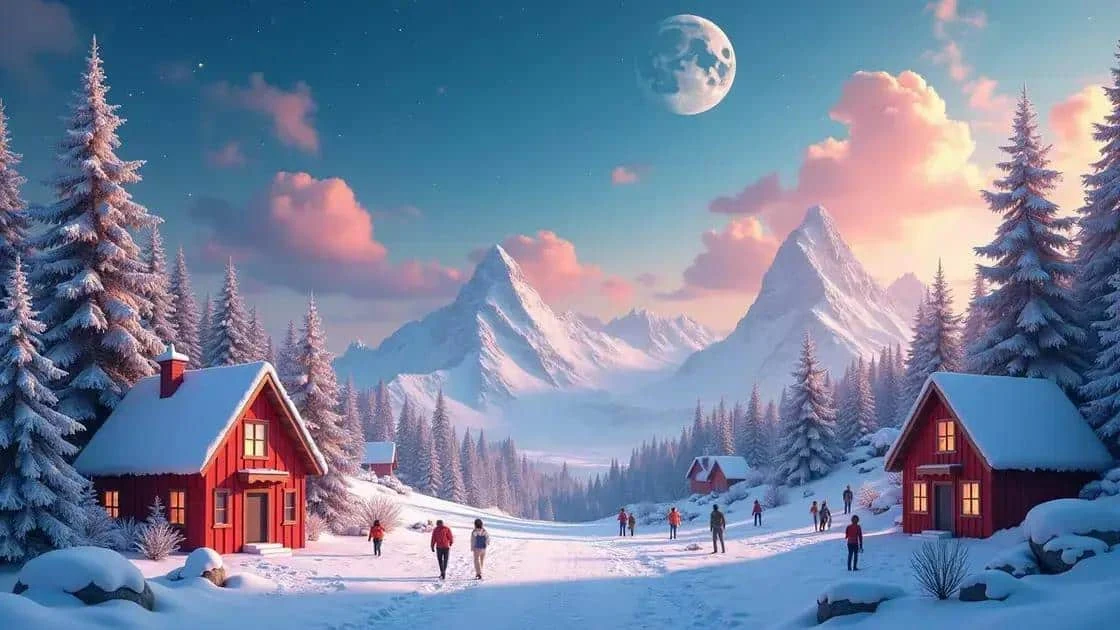 Illustration of snowy cabins and mountains