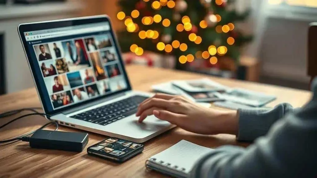 Illustration of someone reviewing Christmas photographs on a laptop