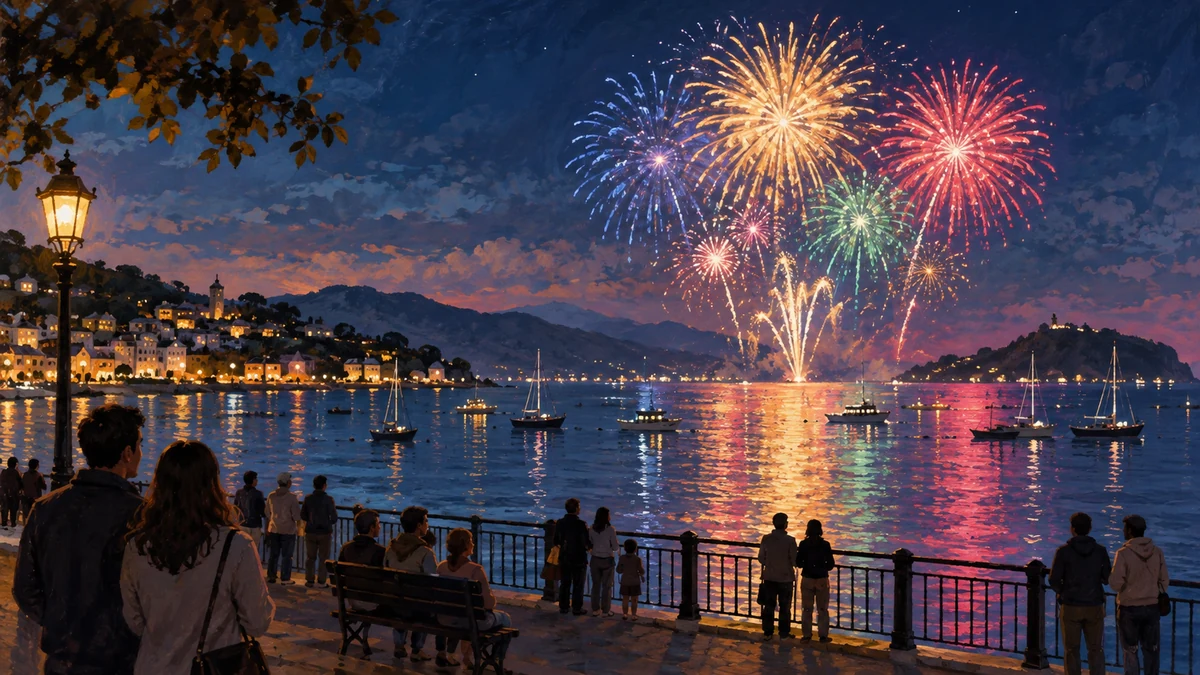 Illustration of spectators watching distant fireworks across a bay