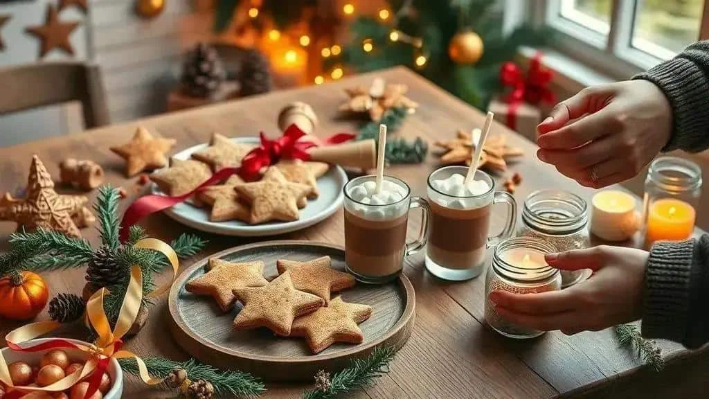 Illustration of star-shaped biscuits and hot chocolate at Christmas