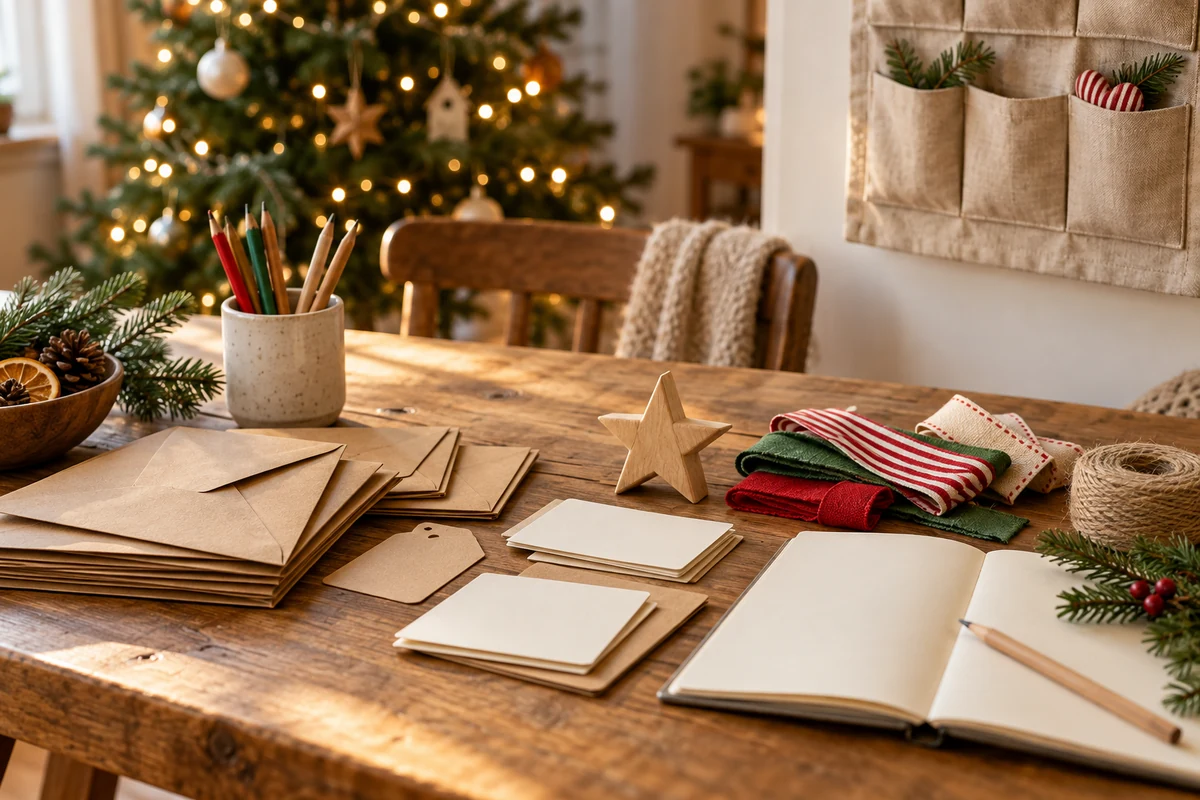 Illustration of supplies for planning a Christmas activity calendar