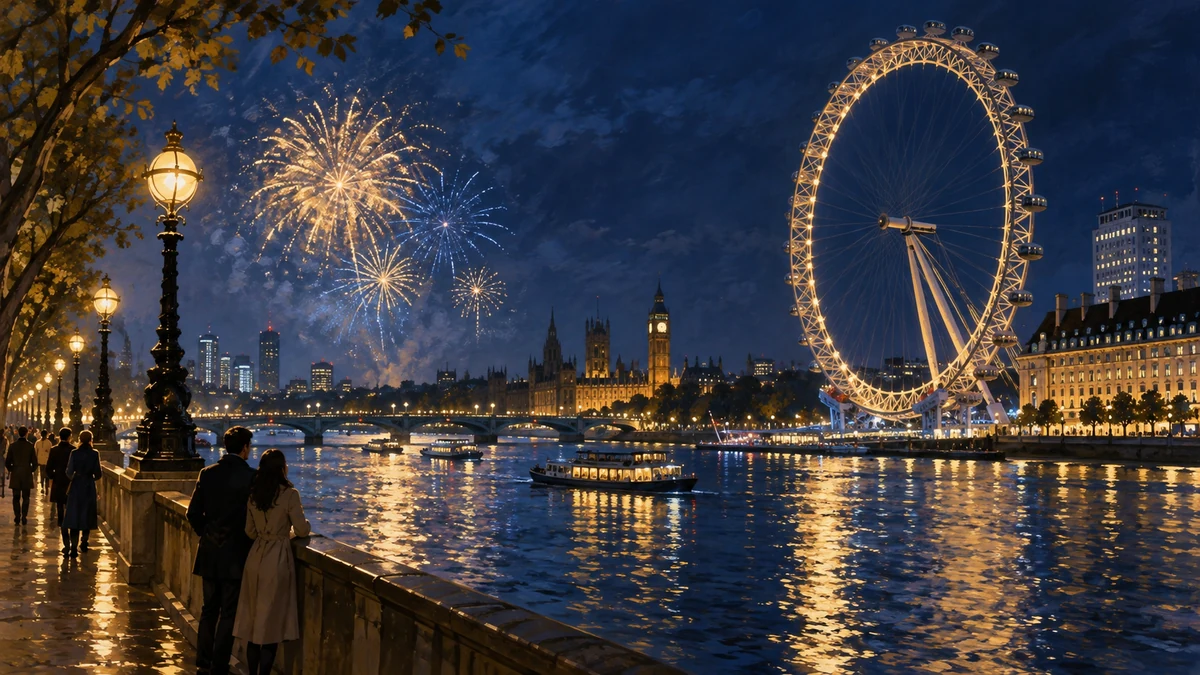 Illustration of the London Eye and festive fireworks