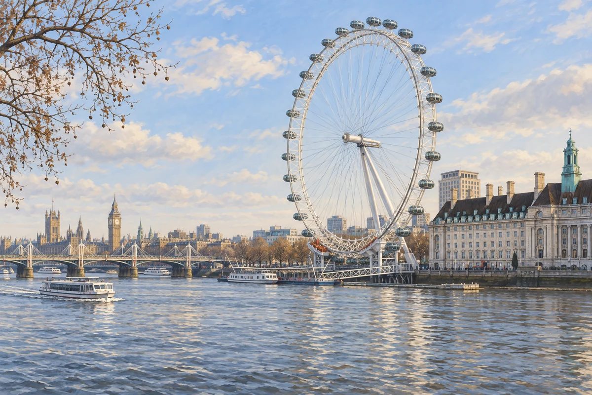 Illustration of the London Eye beside the Thames in daylight