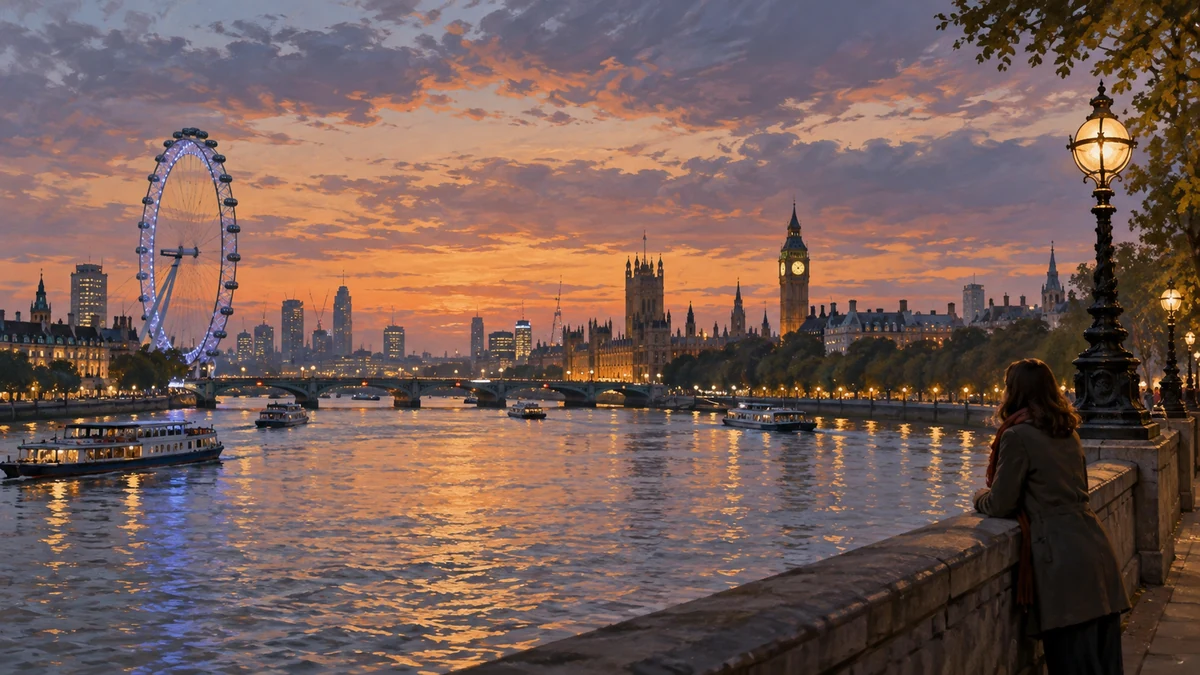 Illustration of the Thames and London skyline at twilight Illustration of the Thames and London skyline at twilight