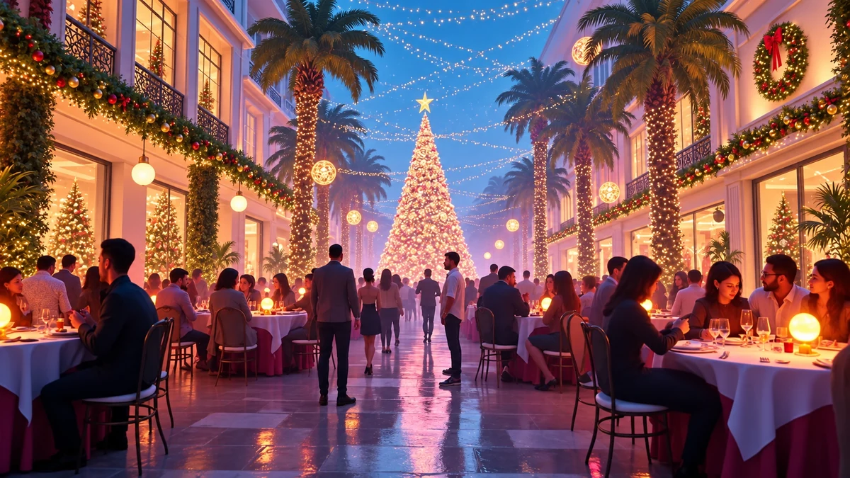 Illustration of tropical hotel courtyard dining at Christmas Illustration of tropical hotel courtyard dining at Christmas