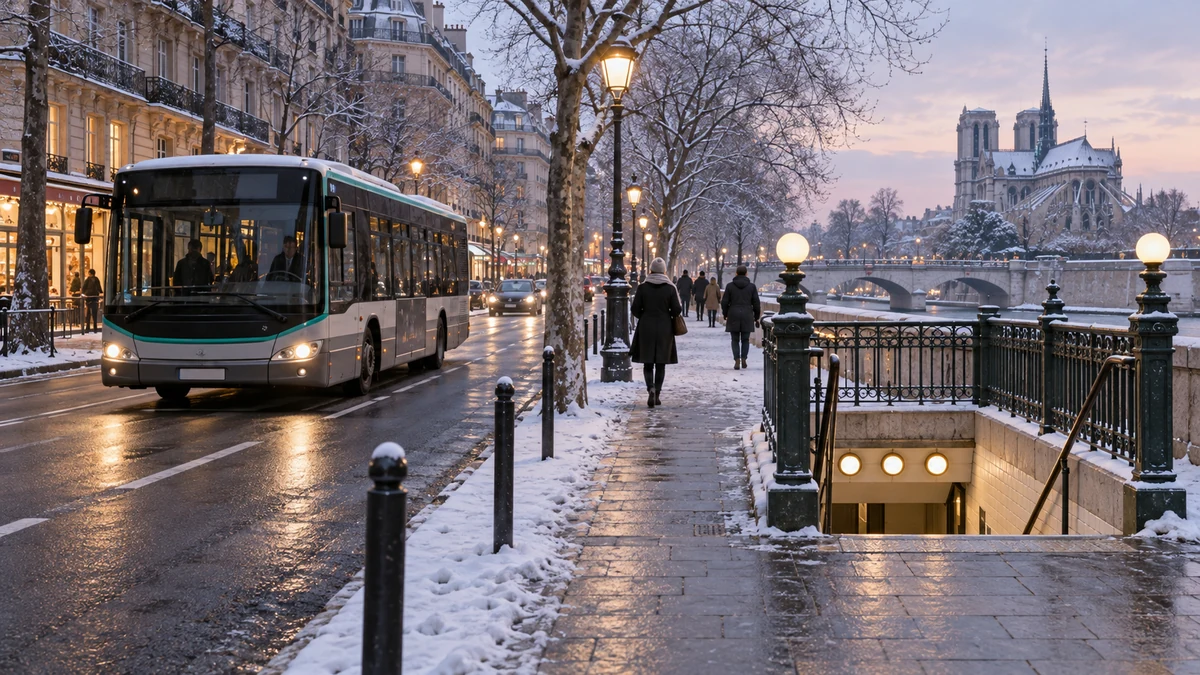 Illustration of winter public transport on a Paris-style street