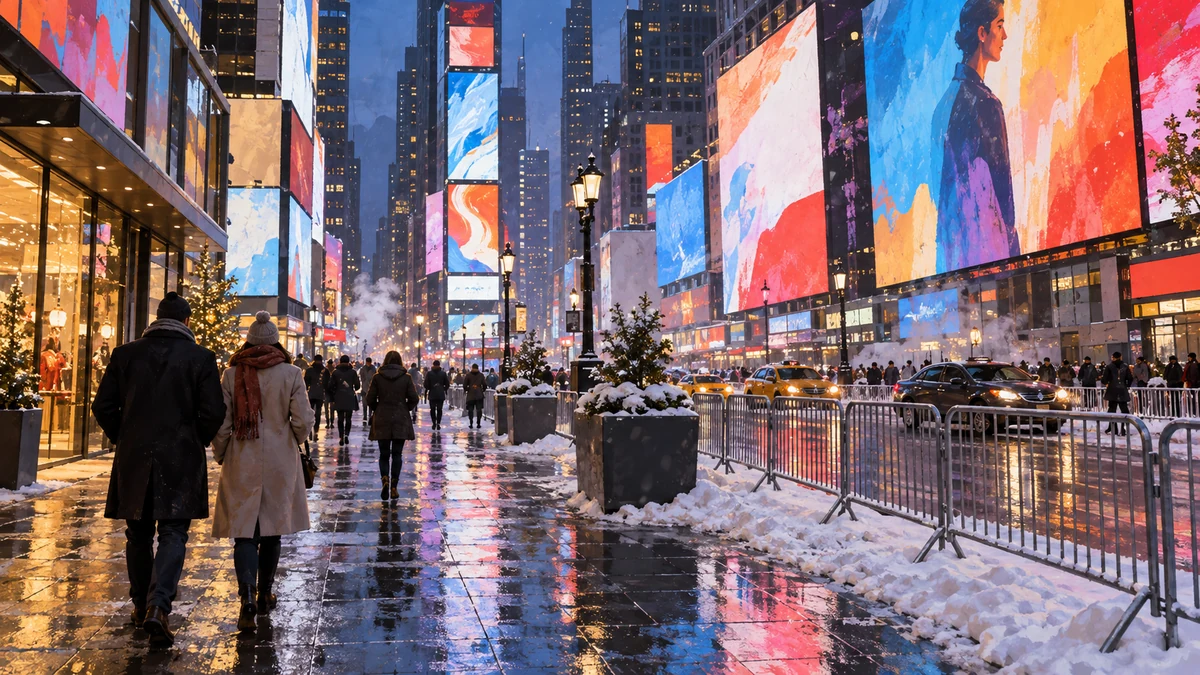 Illustration of winter streets in a Manhattan-inspired city