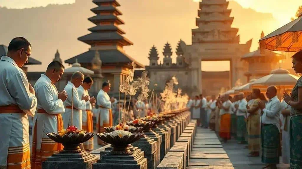 Illustration of worshippers at a Balinese temple